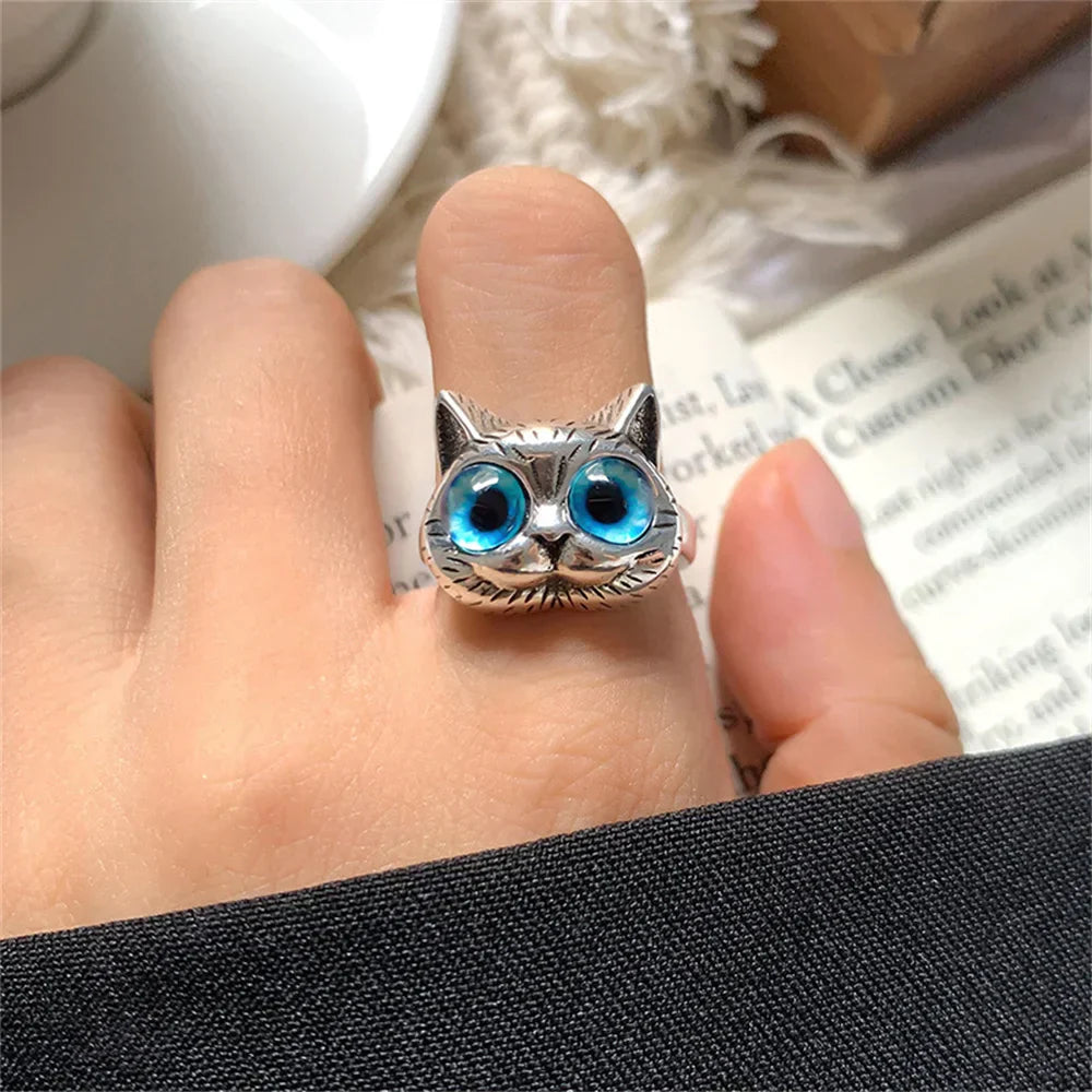 Ring mit blauäugiger Katze – Verspielter Vintage-Silber-Tier-Ring für Katzenliebhaber