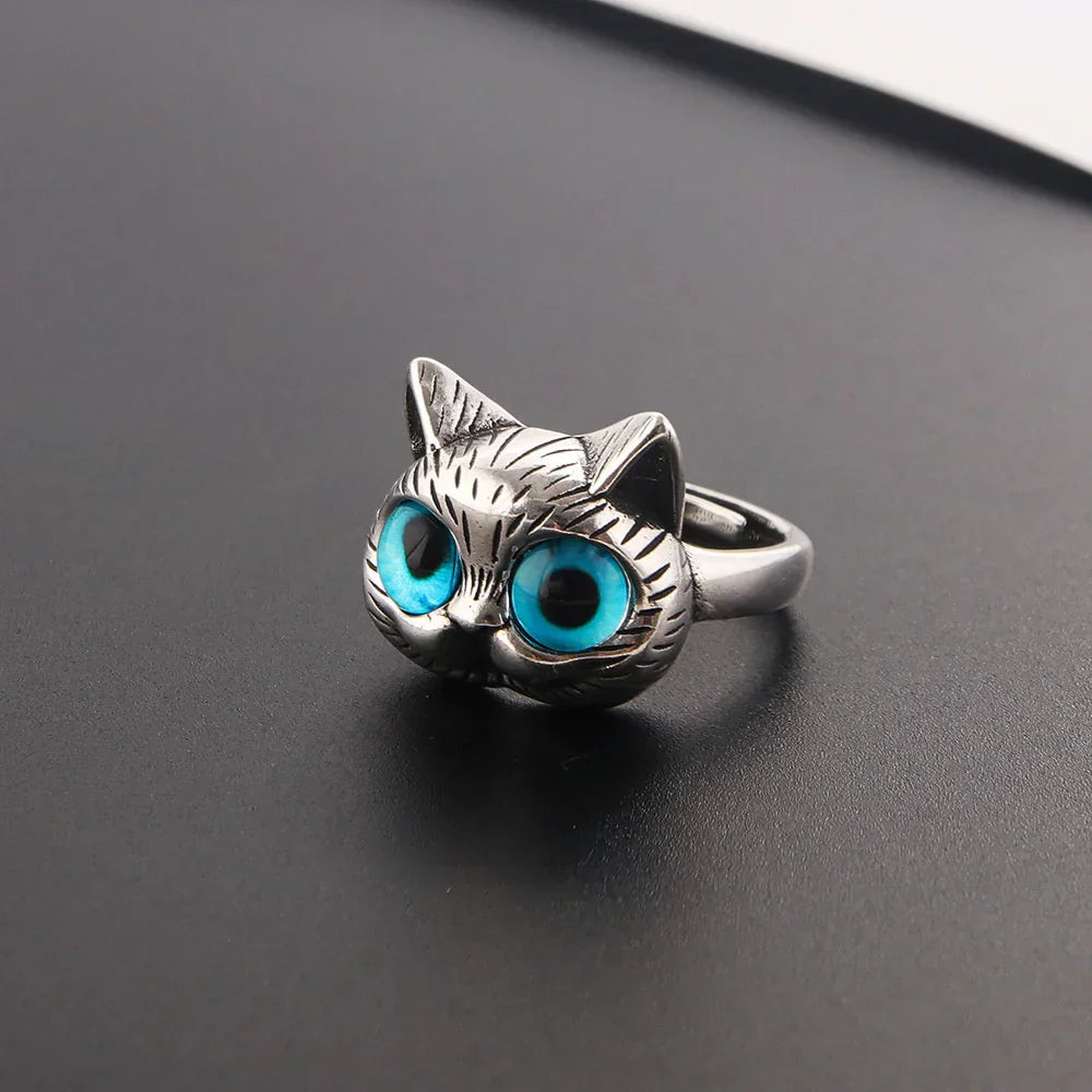 Ring mit blauäugiger Katze – Verspielter Vintage-Silber-Tier-Ring für Katzenliebhaber