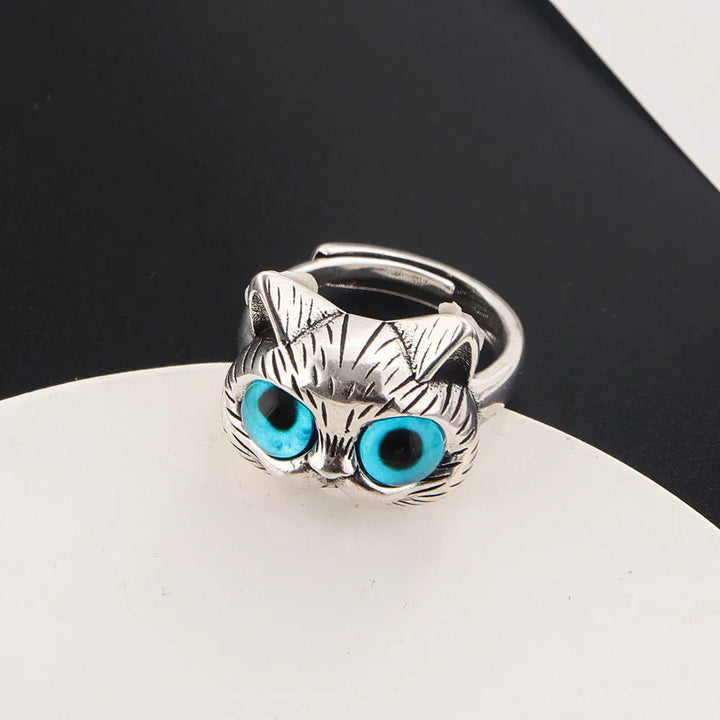 Ring mit blauäugiger Katze – Verspielter Vintage-Silber-Tier-Ring für Katzenliebhaber