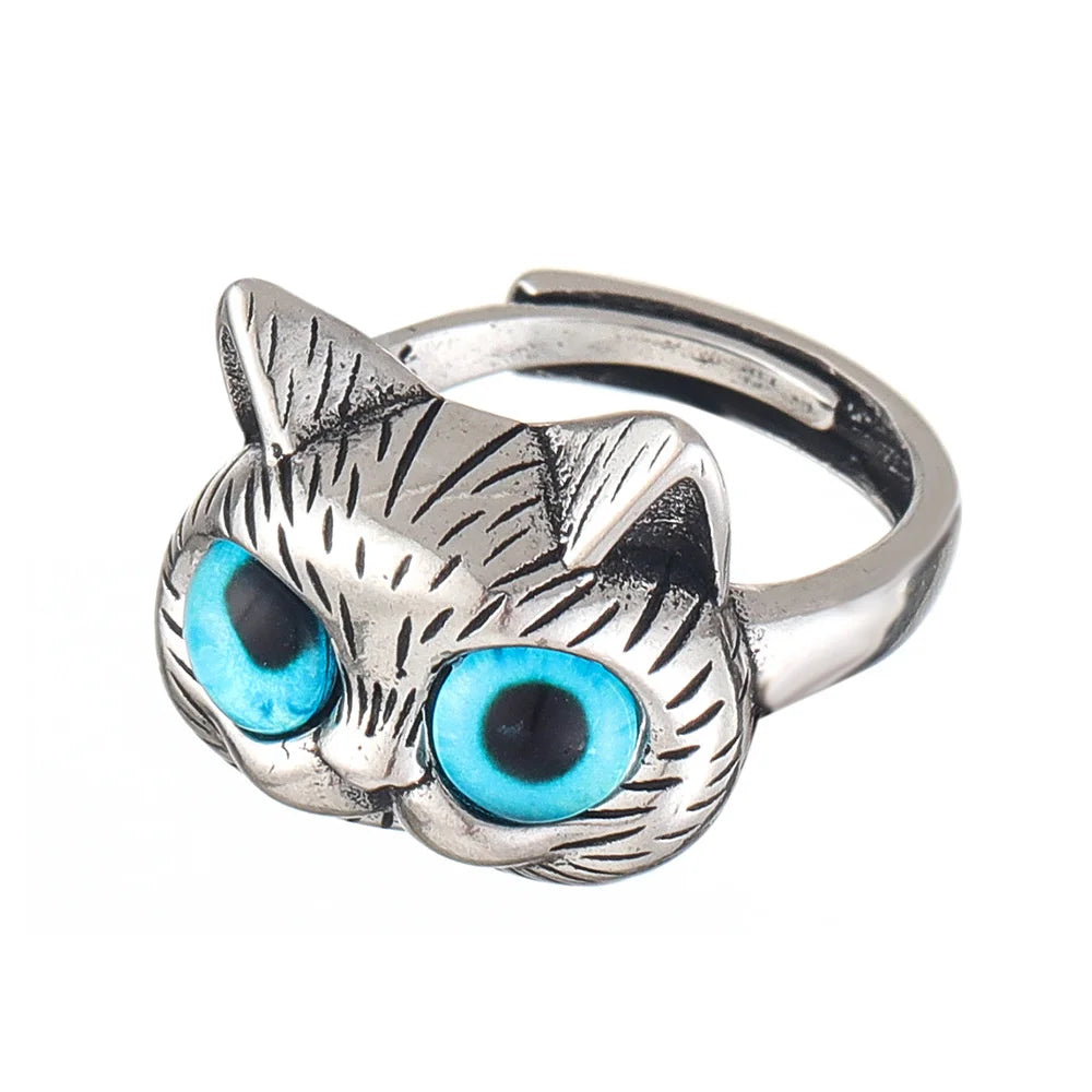 Ring mit blauäugiger Katze – Verspielter Vintage-Silber-Tier-Ring für Katzenliebhaber