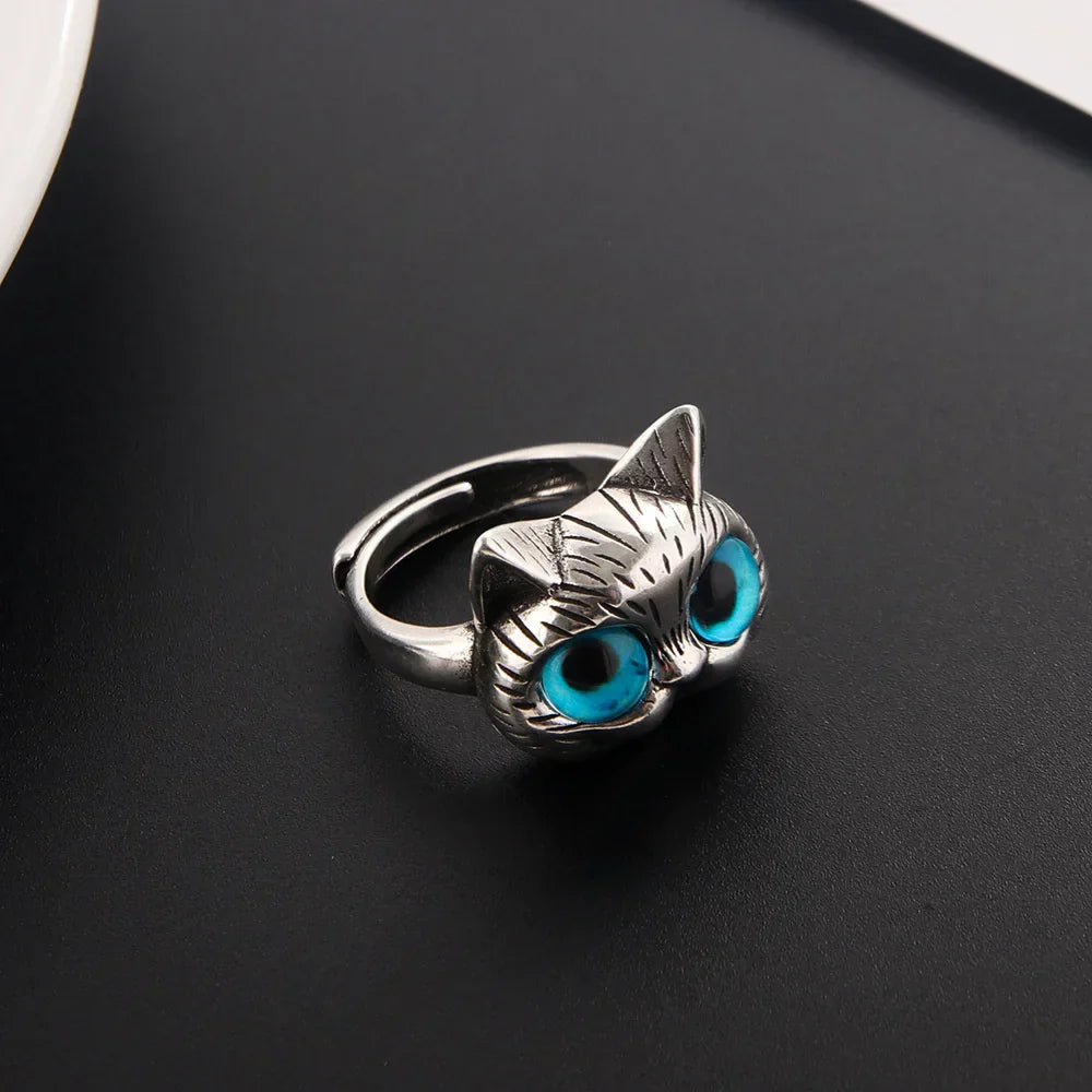 Ring mit blauäugiger Katze – Verspielter Vintage-Silber-Tier-Ring für Katzenliebhaber