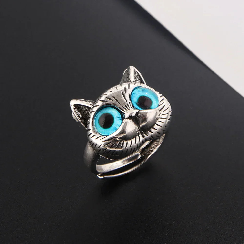 Ring mit blauäugiger Katze – Verspielter Vintage-Silber-Tier-Ring für Katzenliebhaber