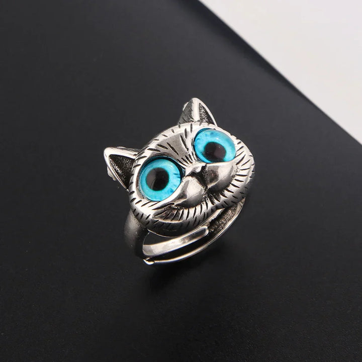 Ring mit blauäugiger Katze – Verspielter Vintage-Silber-Tier-Ring für Katzenliebhaber