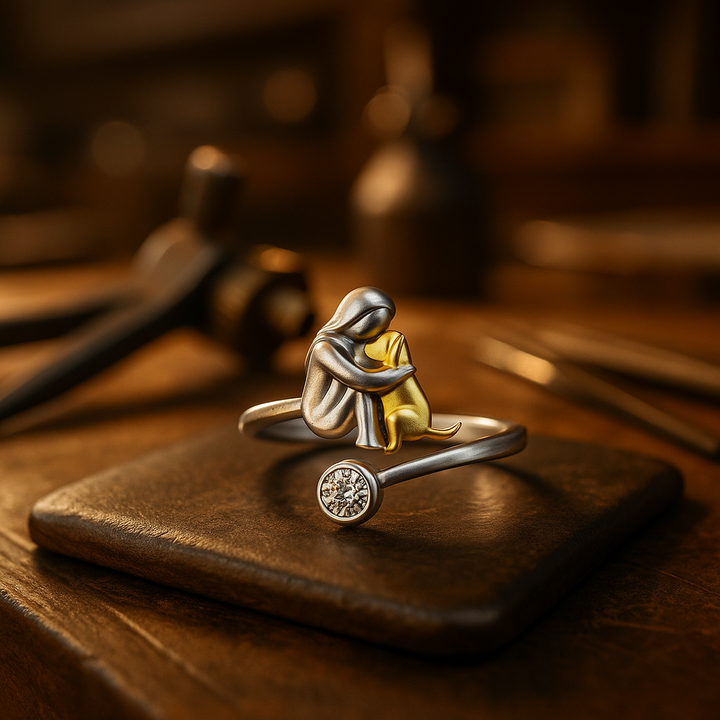 Silberring mit Hundchen und Zirkonia-Steinen.